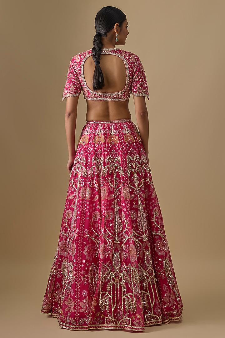 Fuchsia Organza Embroidered Bridal Lehenga Set by Ridhi Mehra at Pernia's Pop Up Shop