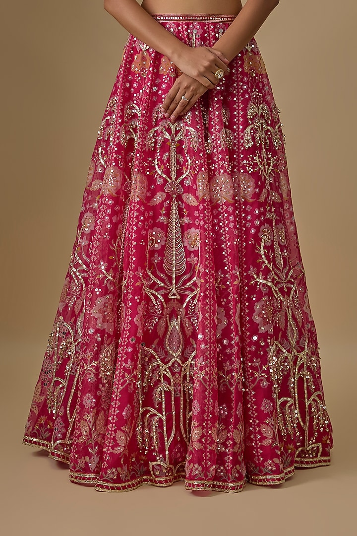 Fuchsia Organza Embroidered Bridal Lehenga Set by Ridhi Mehra at Pernia's Pop Up Shop
