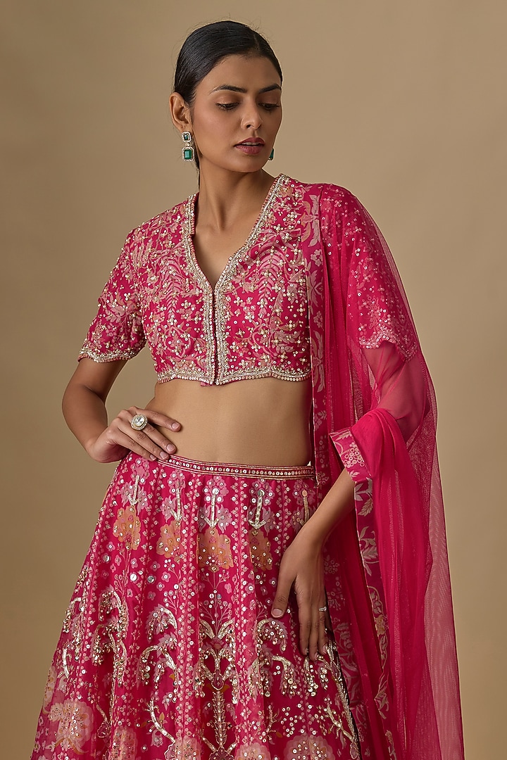 Fuchsia Organza Embroidered Bridal Lehenga Set by Ridhi Mehra at Pernia's Pop Up Shop