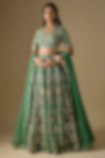 Green Organza Printed & Embroidered Bridal Lehenga Set by Ridhi Mehra at Pernia's Pop Up Shop