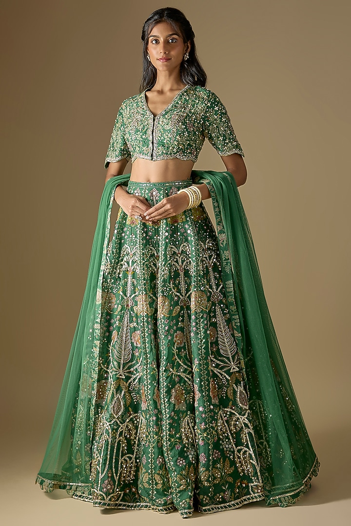 Green Organza Printed & Embroidered Bridal Lehenga Set by Ridhi Mehra at Pernia's Pop Up Shop