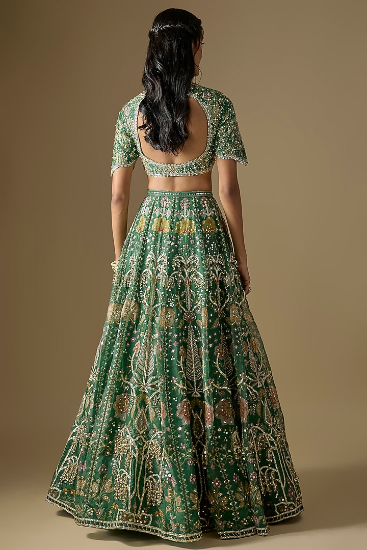 Green Organza Printed & Embroidered Bridal Lehenga Set by Ridhi Mehra at Pernia's Pop Up Shop