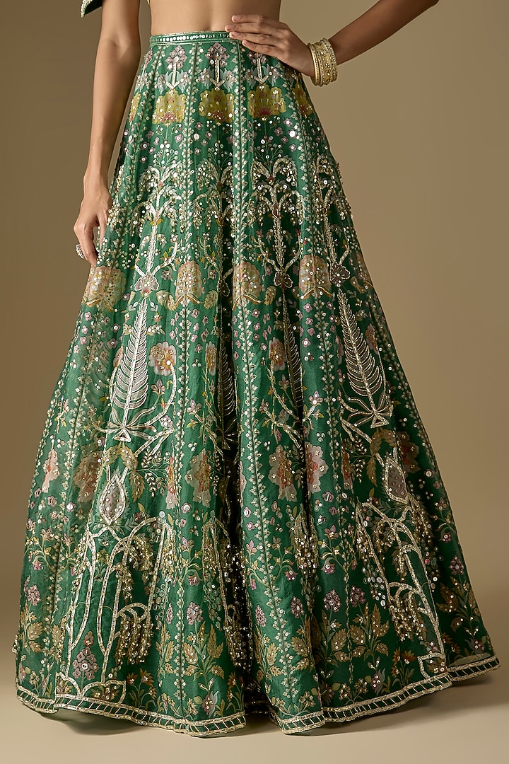 Green Organza Printed & Embroidered Bridal Lehenga Set by Ridhi Mehra at Pernia's Pop Up Shop