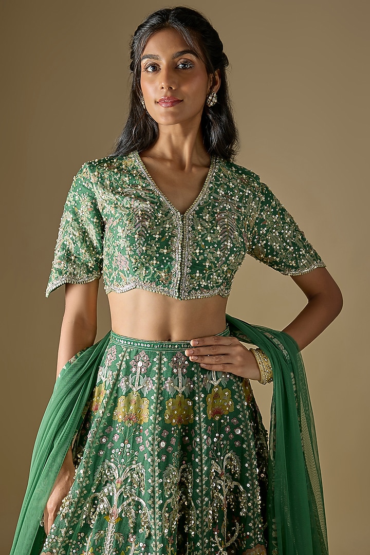 Green Organza Printed & Embroidered Bridal Lehenga Set by Ridhi Mehra at Pernia's Pop Up Shop