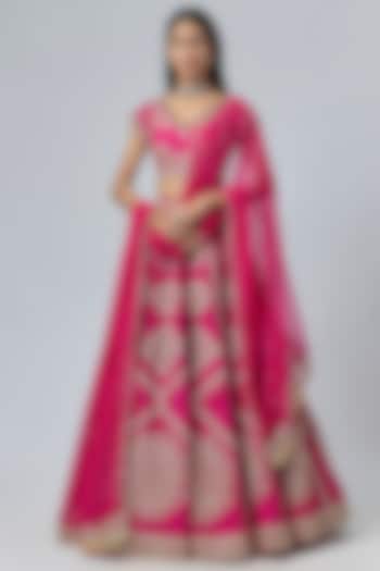 Fuchsia Raw Silk Embroidered Bridal Lehenga Set by Ridhi Mehra at Pernia's Pop Up Shop