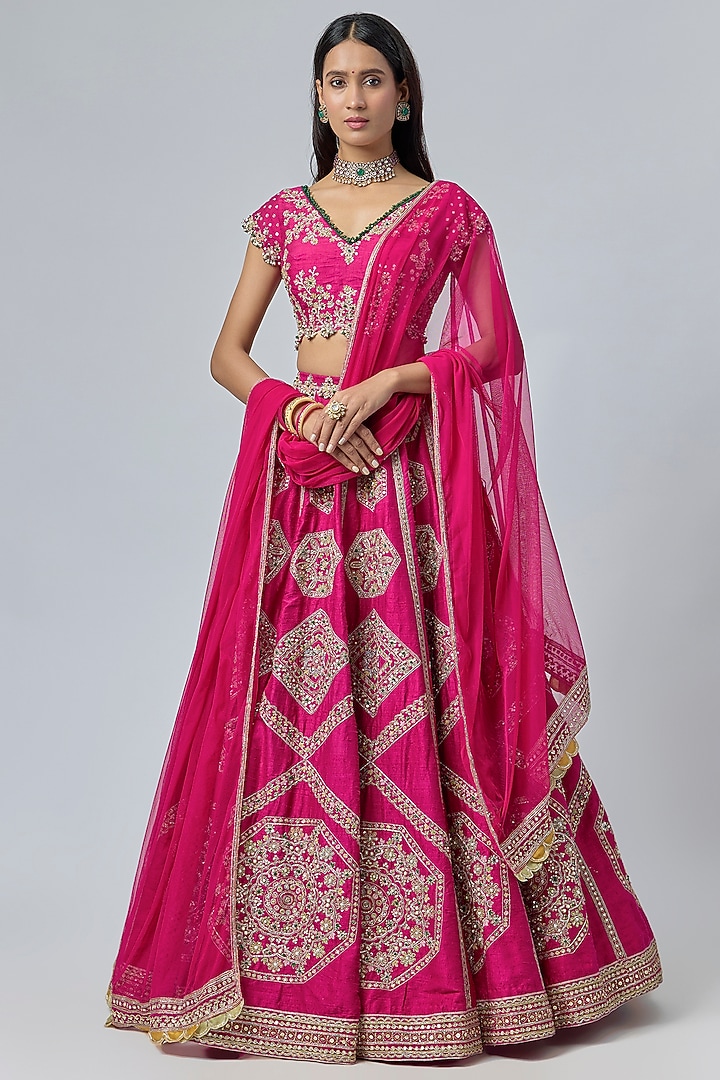 Fuchsia Raw Silk Embroidered Bridal Lehenga Set by Ridhi Mehra at Pernia's Pop Up Shop