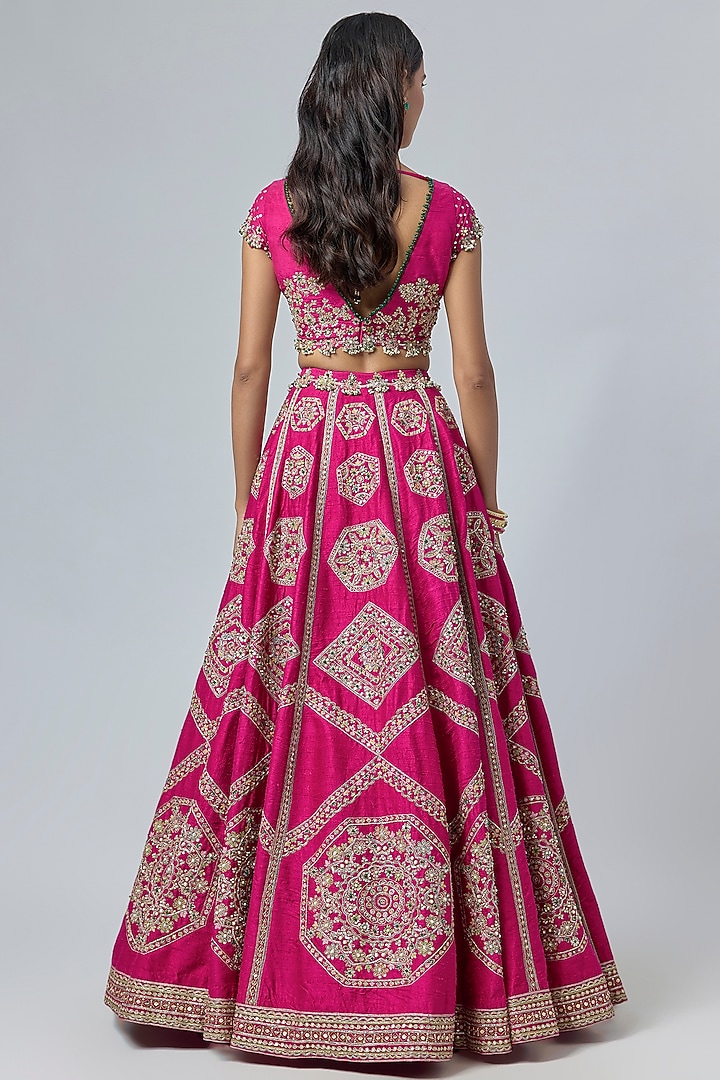 Fuchsia Raw Silk Embroidered Bridal Lehenga Set by Ridhi Mehra at Pernia's Pop Up Shop