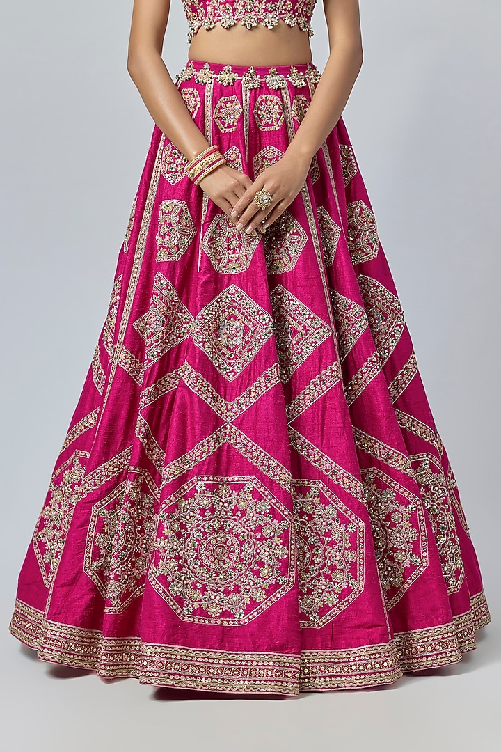 Fuchsia Raw Silk Embroidered Bridal Lehenga Set by Ridhi Mehra at Pernia's Pop Up Shop