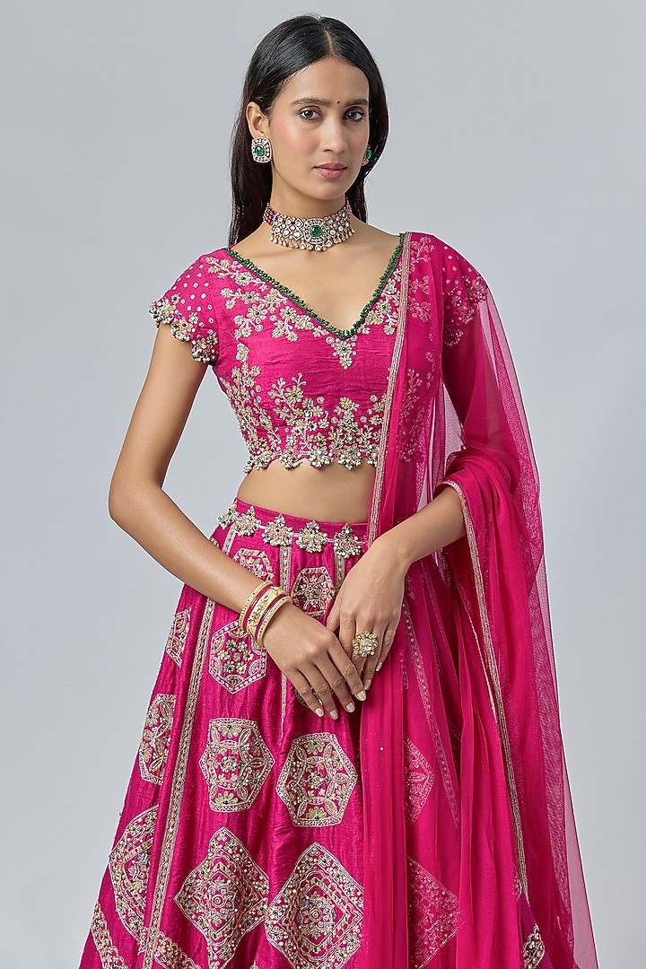 Fuchsia Raw Silk Embroidered Bridal Lehenga Set by Ridhi Mehra at Pernia's Pop Up Shop