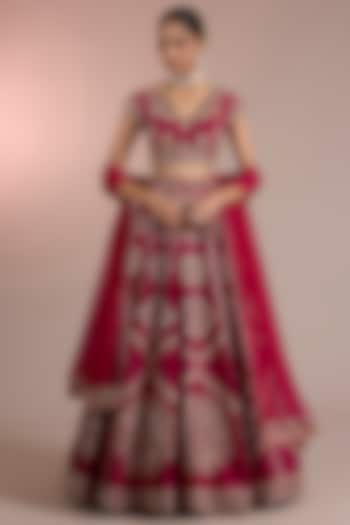 Red Raw Silk Embroidered Bridal Lehenga Set by Ridhi Mehra at Pernia's Pop Up Shop