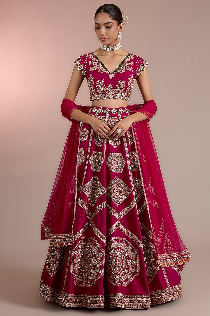 Red Raw Silk Embroidered Bridal Lehenga Set by Ridhi Mehra at Pernia's Pop Up Shop