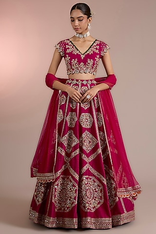 Red Raw Silk Embroidered Lehenga Set by Ridhi Mehra