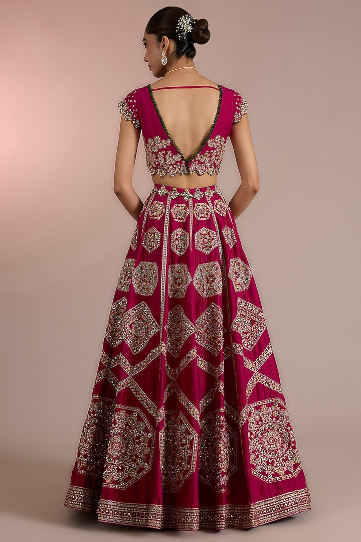 Red Raw Silk Embroidered Bridal Lehenga Set by Ridhi Mehra at Pernia's Pop Up Shop