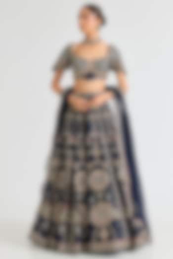 Navy Raw Silk Embroidered Bridal Lehenga Set by Ridhi Mehra at Pernia's Pop Up Shop