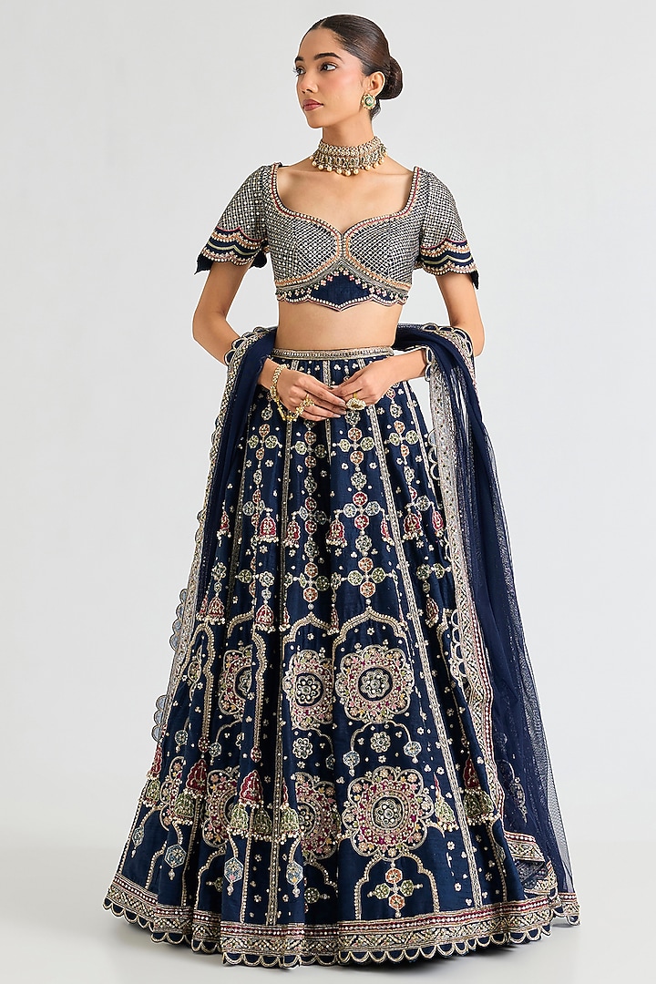 Navy Raw Silk Embroidered Bridal Lehenga Set by Ridhi Mehra at Pernia's Pop Up Shop