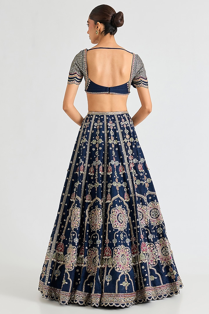 Navy Raw Silk Embroidered Bridal Lehenga Set by Ridhi Mehra at Pernia's Pop Up Shop