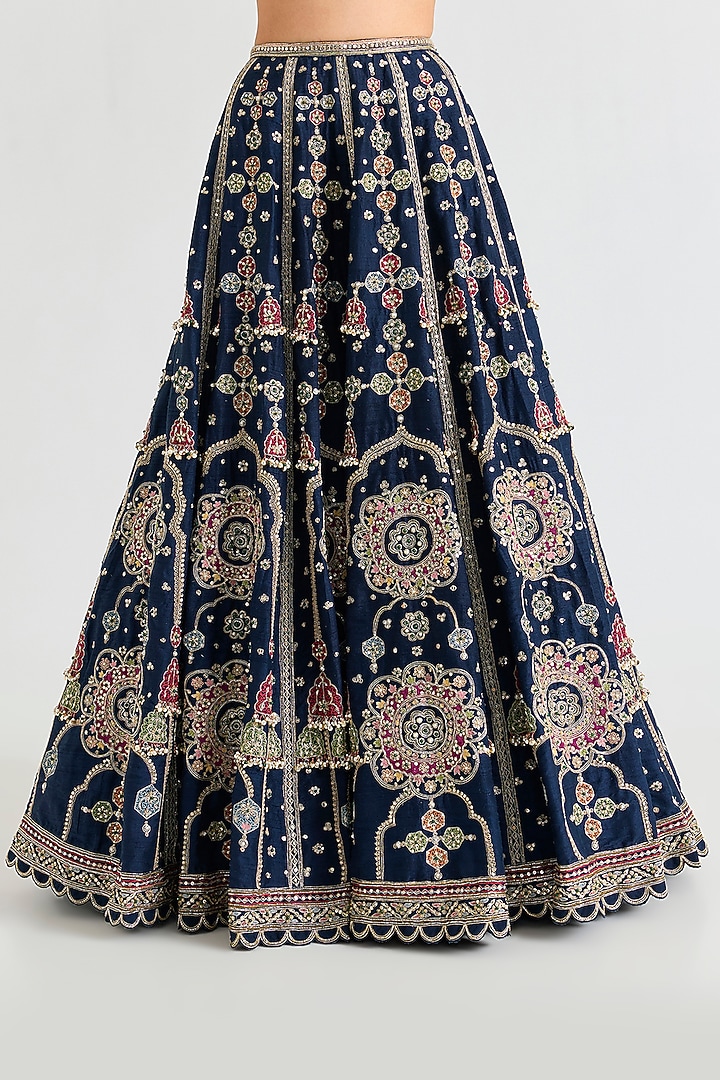 Navy Raw Silk Embroidered Bridal Lehenga Set by Ridhi Mehra at Pernia's Pop Up Shop
