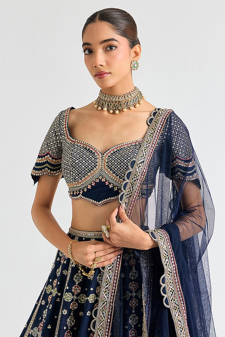 Navy Raw Silk Embroidered Bridal Lehenga Set by Ridhi Mehra at Pernia's Pop Up Shop