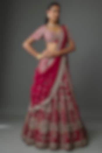 Red Raw Silk Embroidered Bridal lehenga for 22 Lehenga Set by Ridhi Mehra at Pernia's Pop Up Shop