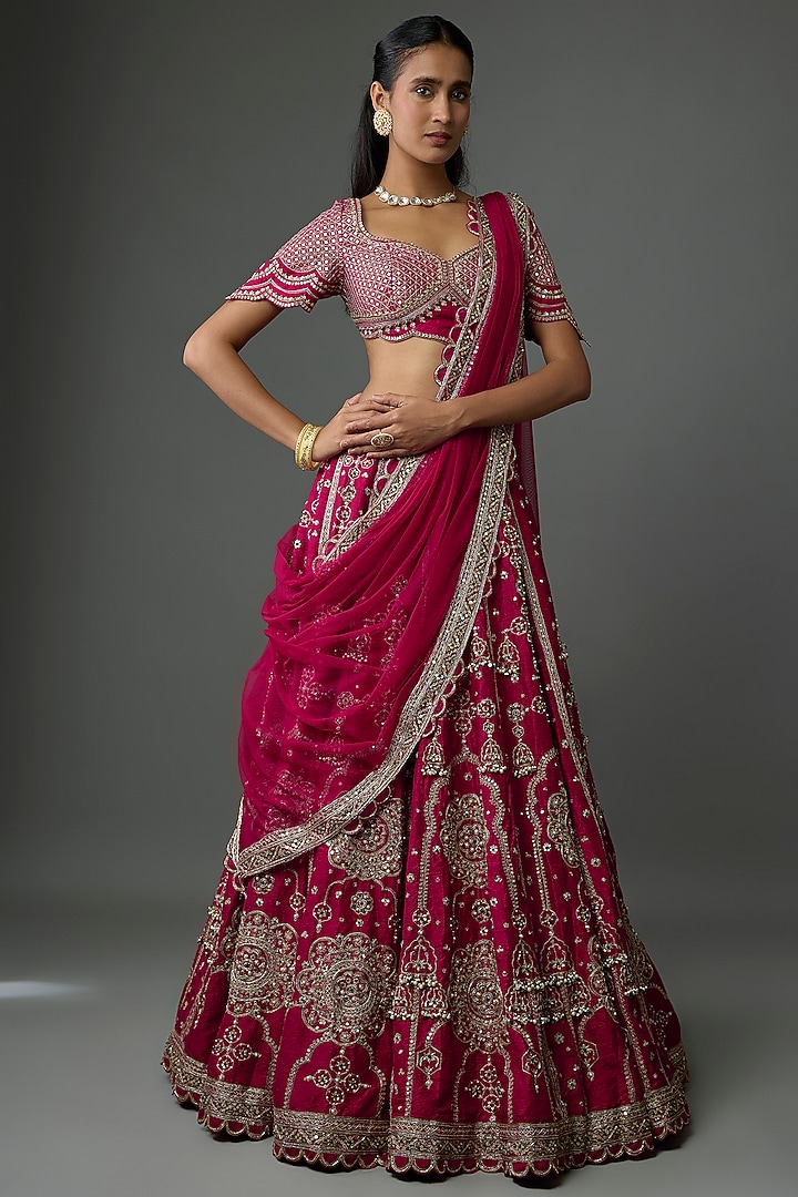 Red Raw Silk Embroidered Bridal lehenga for 22 Lehenga Set by Ridhi Mehra at Pernia's Pop Up Shop