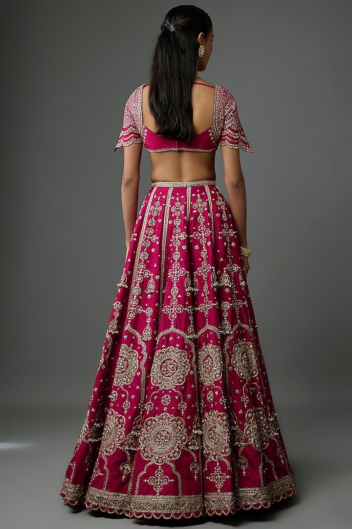 Red Raw Silk Embroidered Bridal Lehenga Set by Ridhi Mehra at Pernia's Pop Up Shop