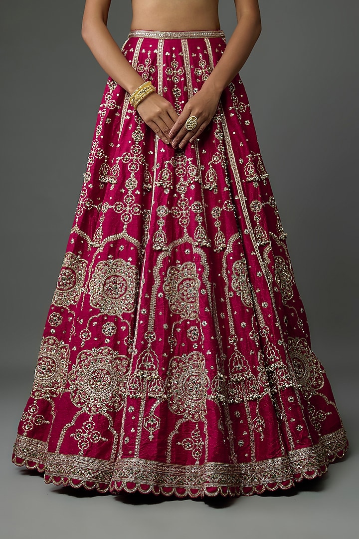 Red Raw Silk Embroidered Bridal Lehenga Set by Ridhi Mehra at Pernia's Pop Up Shop