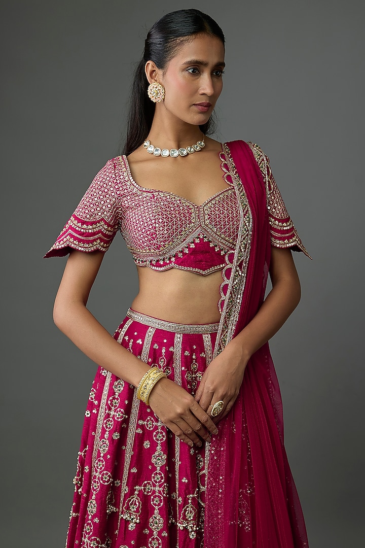 Red Raw Silk Embroidered Bridal Lehenga Set by Ridhi Mehra at Pernia's Pop Up Shop