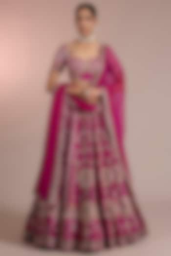 Fuchsia Raw Silk Embroidered Bridal Lehenga Set by Ridhi Mehra at Pernia's Pop Up Shop
