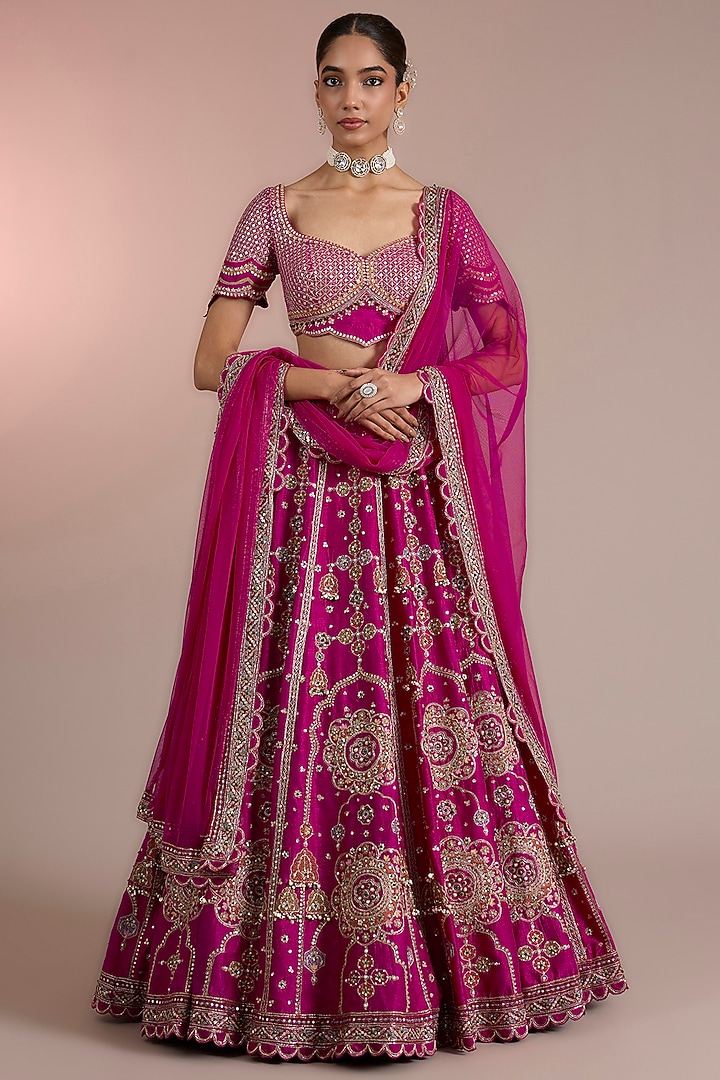 Fuchsia Raw Silk Embroidered Bridal Lehenga Set by Ridhi Mehra at Pernia's Pop Up Shop