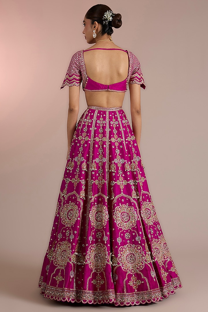 Fuchsia Raw Silk Embroidered Bridal Lehenga Set by Ridhi Mehra at Pernia's Pop Up Shop