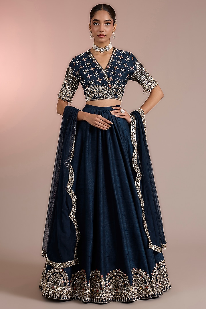 Navy Raw Silk Embroidered Bridal Lehenga Set by Ridhi Mehra at Pernia's Pop Up Shop