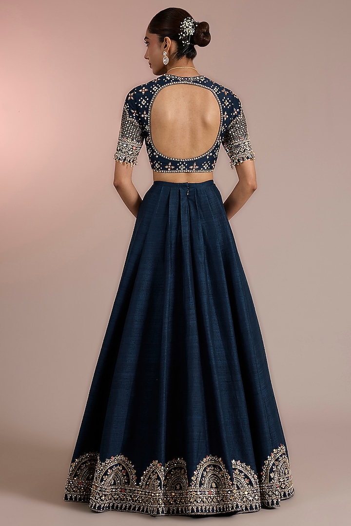 Navy Raw Silk Embroidered Bridal Lehenga Set by Ridhi Mehra at Pernia's Pop Up Shop