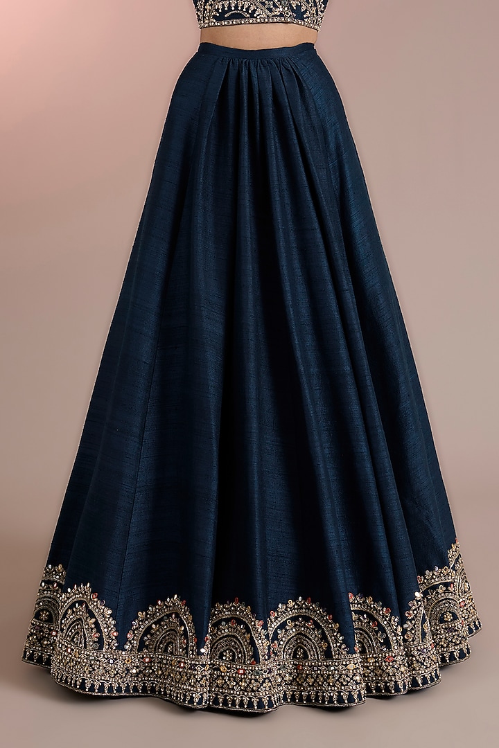 Navy Raw Silk Embroidered Bridal Lehenga Set by Ridhi Mehra at Pernia's Pop Up Shop