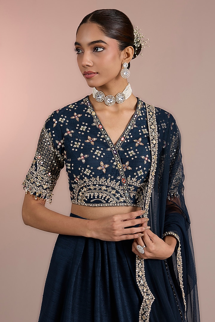Navy Raw Silk Embroidered Bridal Lehenga Set by Ridhi Mehra at Pernia's Pop Up Shop