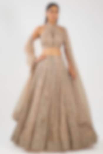 Gunmetal Tissue Embroidered Bridal Lehenga Set by Ridhi Mehra at Pernia's Pop Up Shop