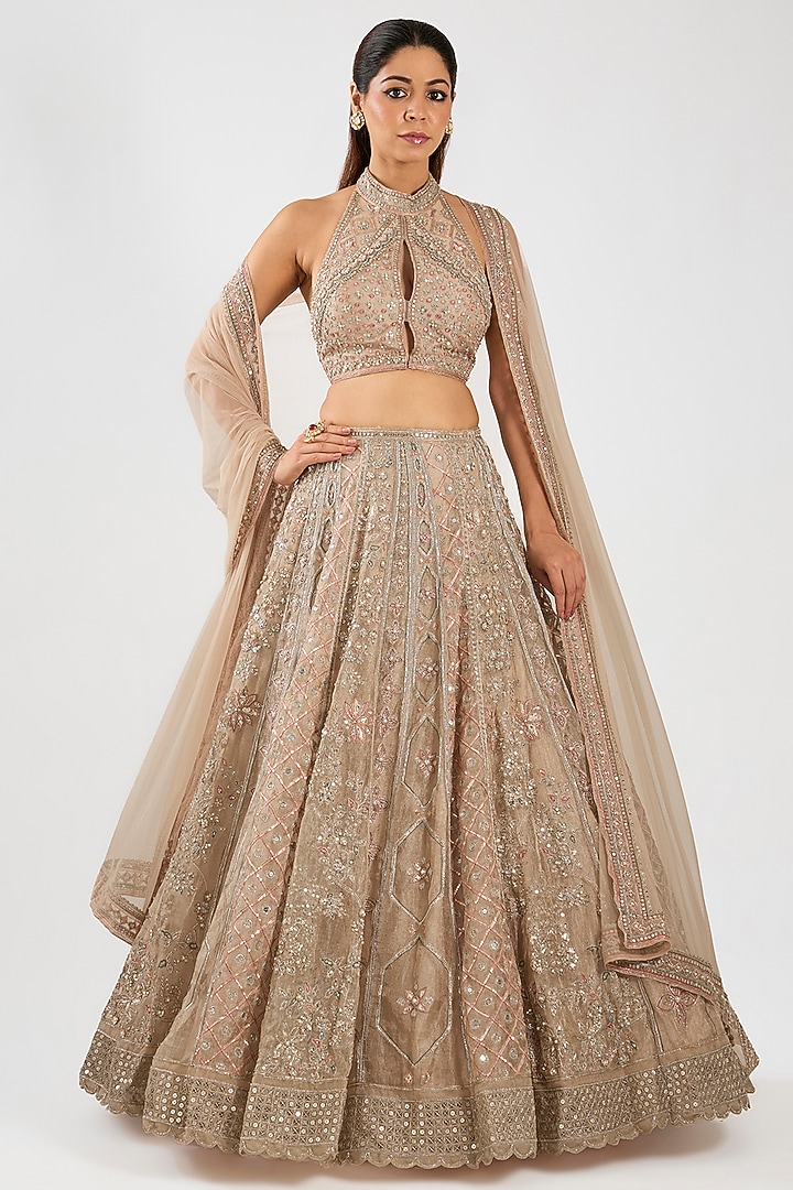 Gunmetal Tissue Embroidered Bridal Lehenga Set by Ridhi Mehra at Pernia's Pop Up Shop