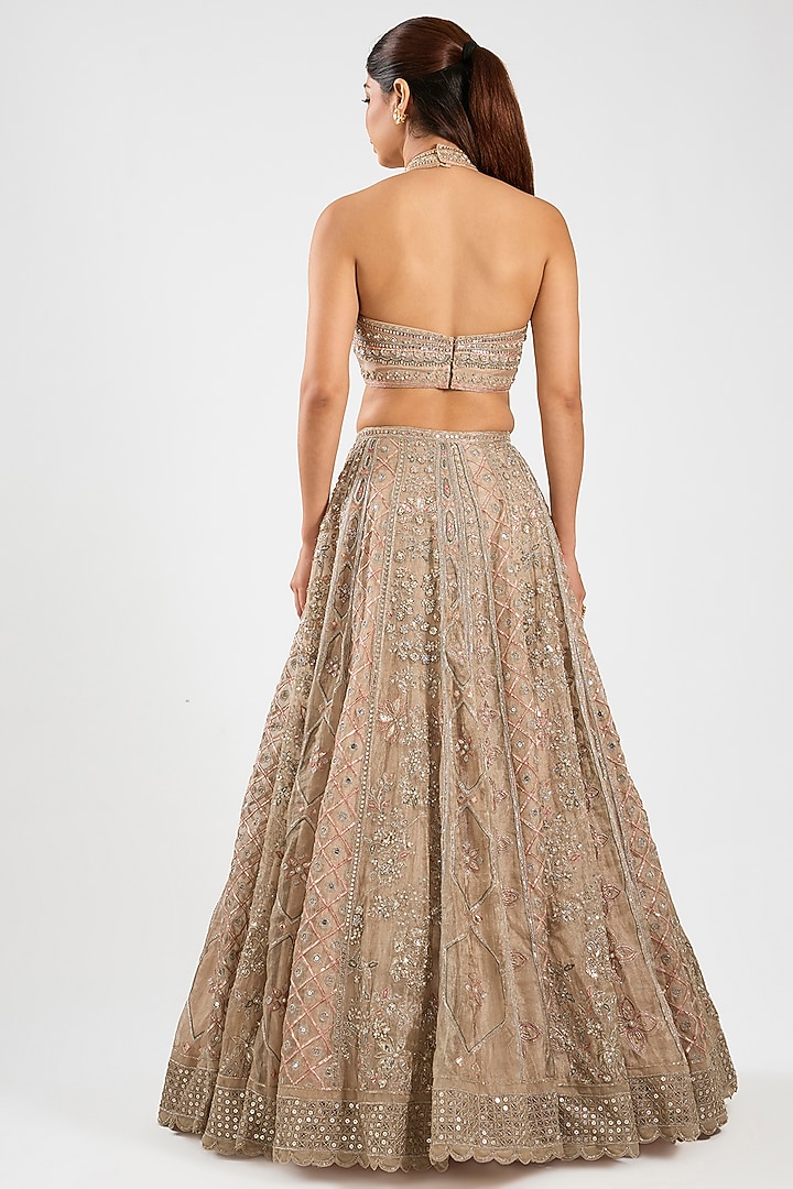 Gunmetal Tissue Embroidered Bridal Lehenga Set by Ridhi Mehra at Pernia's Pop Up Shop