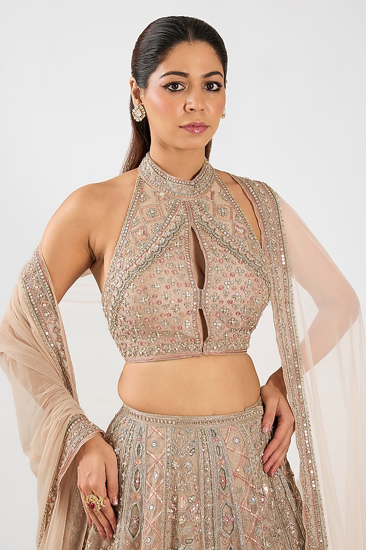 Gunmetal Tissue Embroidered Bridal Lehenga Set by Ridhi Mehra at Pernia's Pop Up Shop