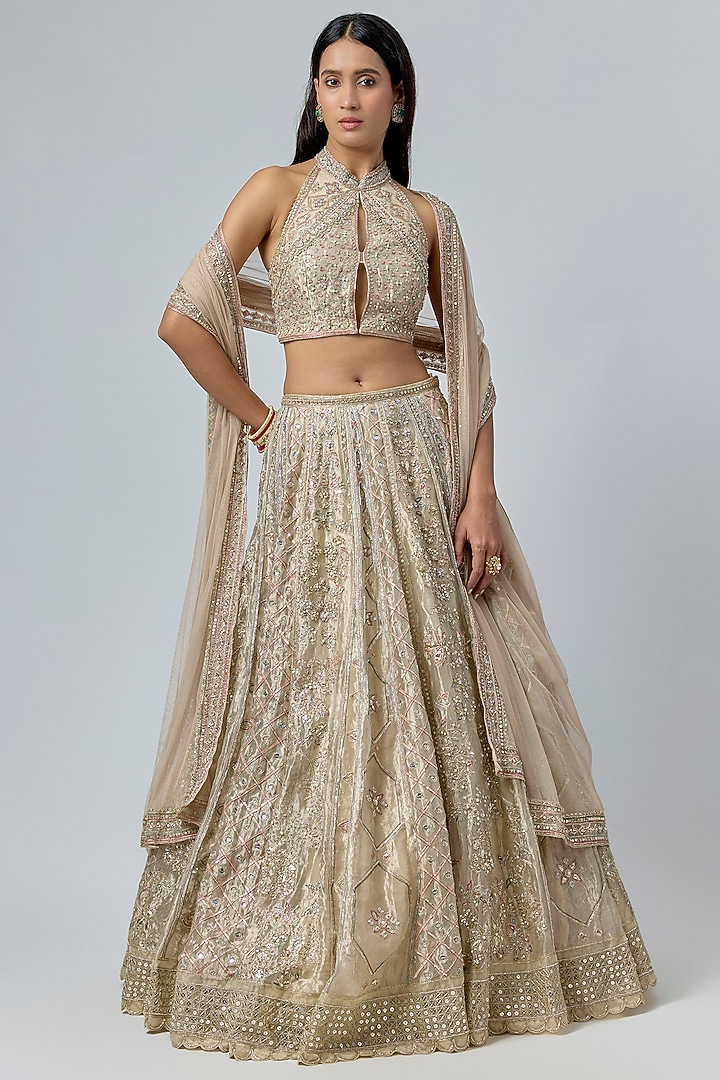 Water Gold Tissue Embroidered Bridal Lehenga Set by Ridhi Mehra at Pernia's Pop Up Shop