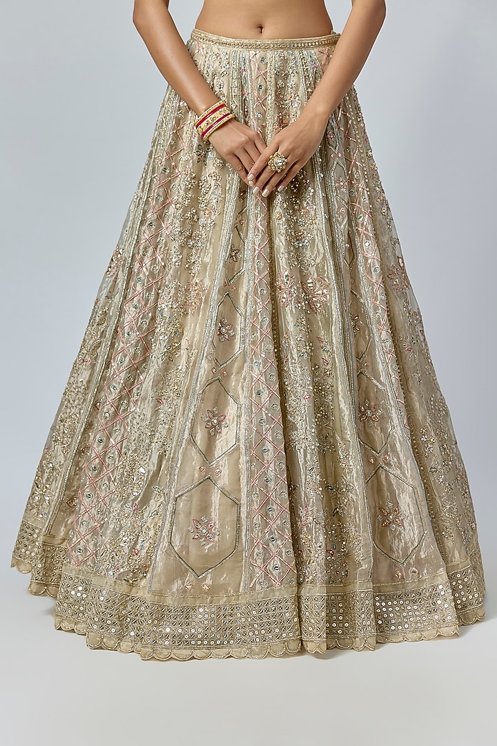 Water Gold Tissue Embroidered Bridal Lehenga Set by Ridhi Mehra at Pernia's Pop Up Shop