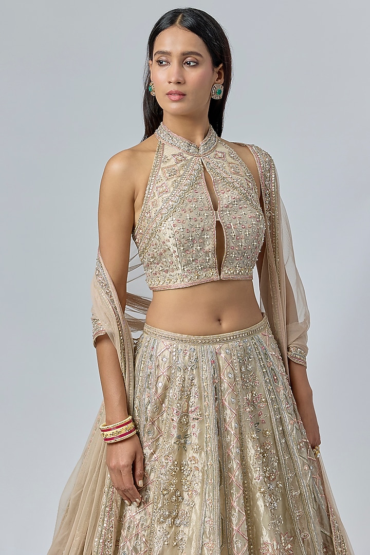 Water Gold Tissue Embroidered Bridal Lehenga Set by Ridhi Mehra at Pernia's Pop Up Shop
