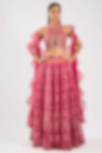 Fuchsia Organza Printed Wedding Lehenga Set by Ridhi Mehra at Pernia's Pop Up Shop