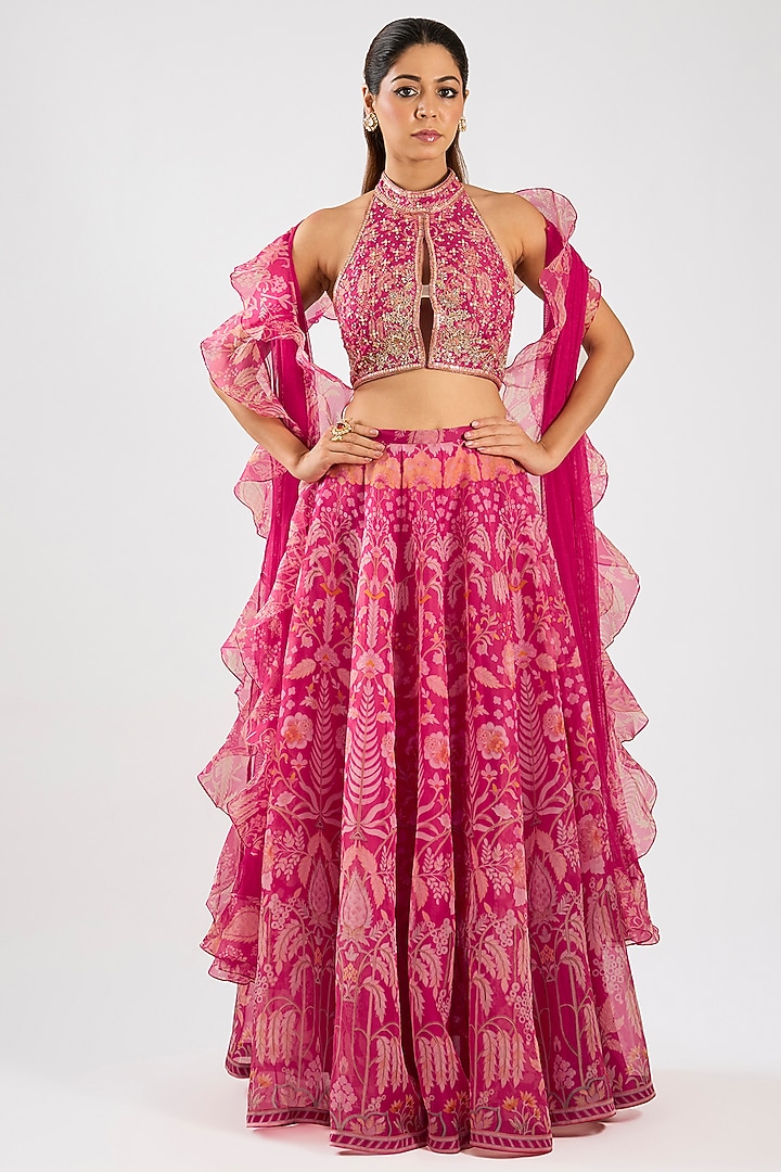 Fuchsia Organza Printed Wedding Lehenga Set by Ridhi Mehra at Pernia's Pop Up Shop