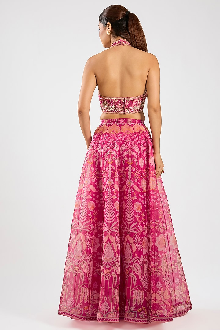 Fuchsia Organza Printed Wedding Lehenga Set by Ridhi Mehra at Pernia's Pop Up Shop