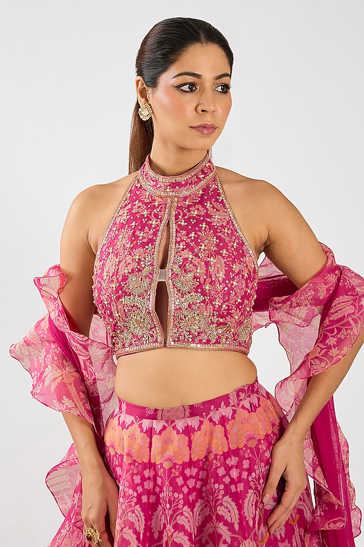 Fuchsia Organza Printed Wedding Lehenga Set by Ridhi Mehra at Pernia's Pop Up Shop