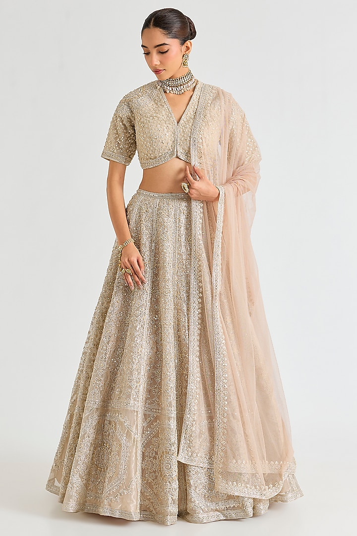 Water Gold Raw Silk Embroidered Bridal lehenga for 22 Lehenga Set by Ridhi Mehra at Pernia's Pop Up Shop