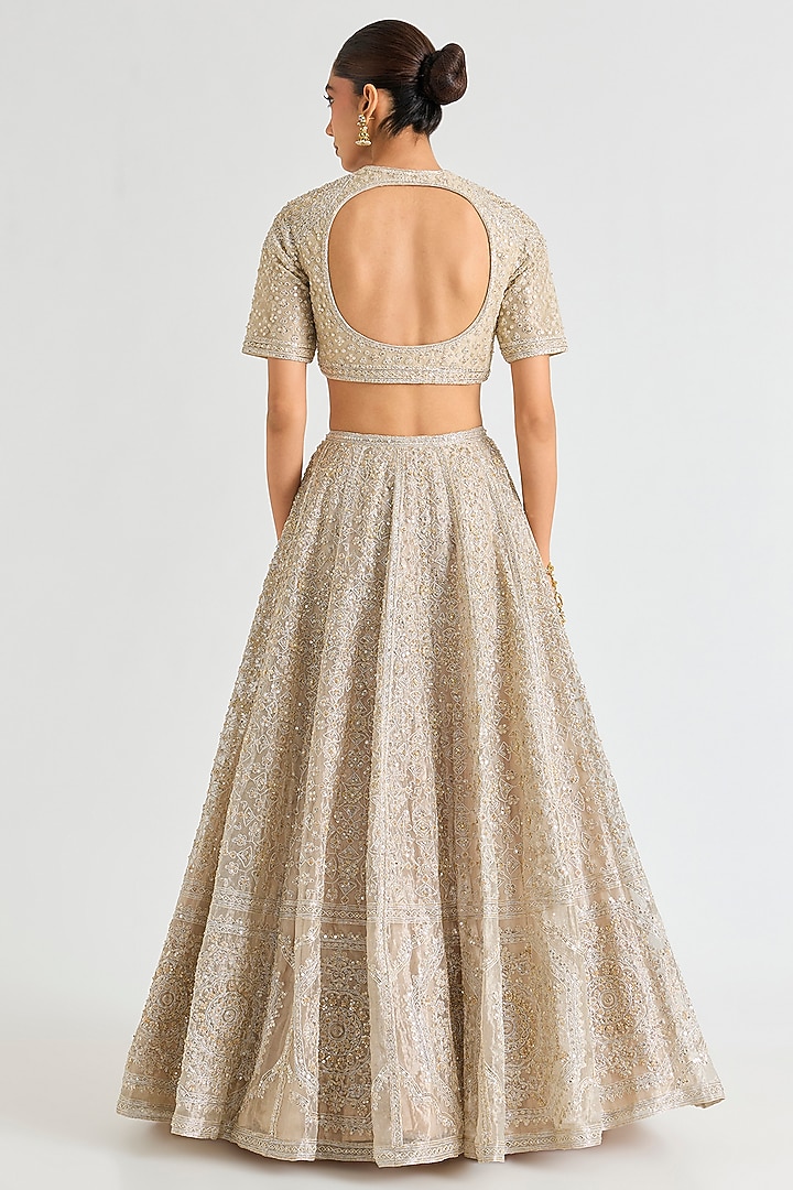 Water Gold Raw Silk Embroidered Bridal Lehenga Set by Ridhi Mehra at Pernia's Pop Up Shop