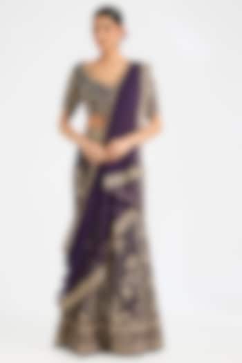 Purple Raw Silk Embroidered Skirt Bridal Saree Set by Ridhi Mehra at Pernia's Pop Up Shop
