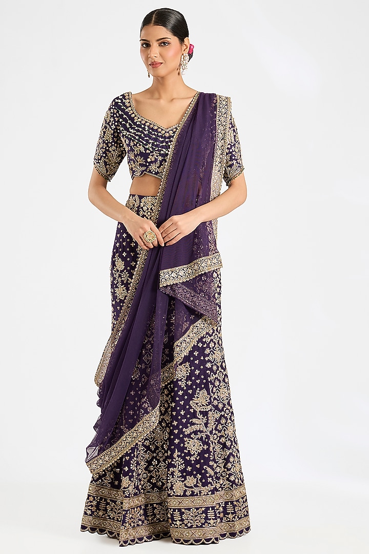 Purple Raw Silk Embroidered Skirt Bridal Saree Set by Ridhi Mehra at Pernia's Pop Up Shop