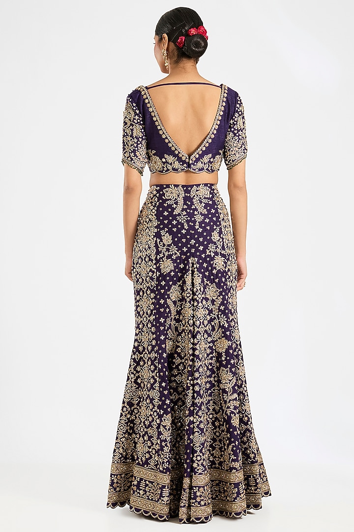 Purple Raw Silk Embroidered Skirt Bridal Saree Set by Ridhi Mehra at Pernia's Pop Up Shop